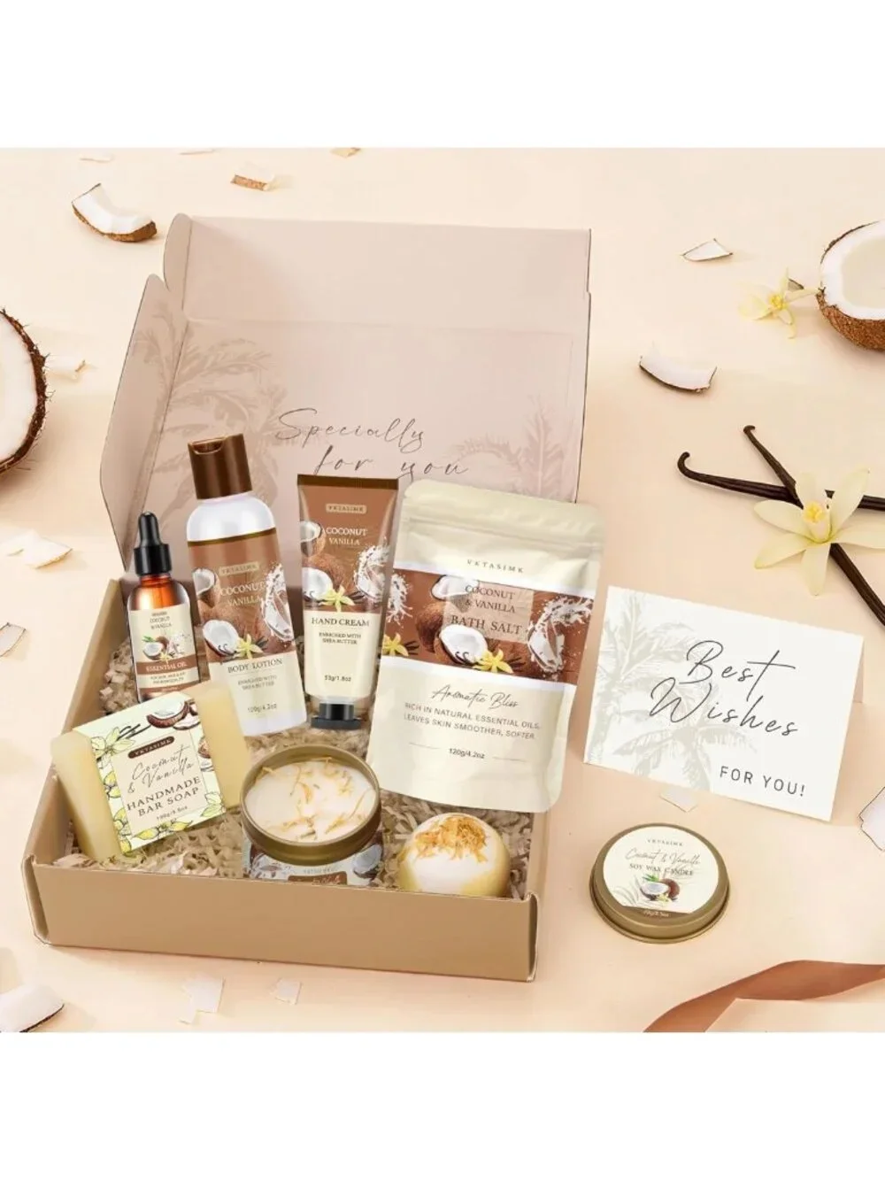 Relaxing Home Spa Gift Set - Vanilla Coconut Bath & Body Basket for Her